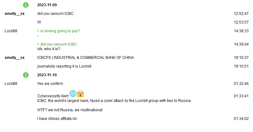 Chat between smelly_vx of VX-Underground and LockBit shows LockBit replying to inquiry, "Yes we confirm"