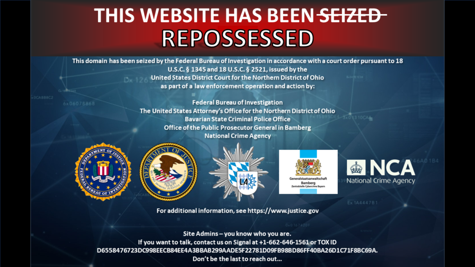 Law enforcement seizure notice on dispossessor.com says the website has been repossessed.
