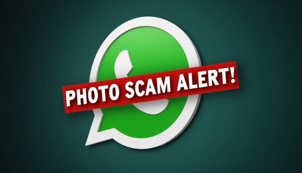 WhatsApp logo with "Photo Scam Alert" text