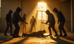 A gang of hooded men attacks someone lying on the ground. AI-generated image.