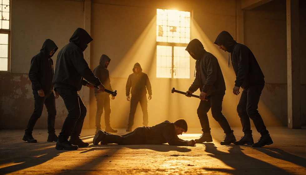 A gang of hooded men attacks someone lying on the ground. AI-generated image.